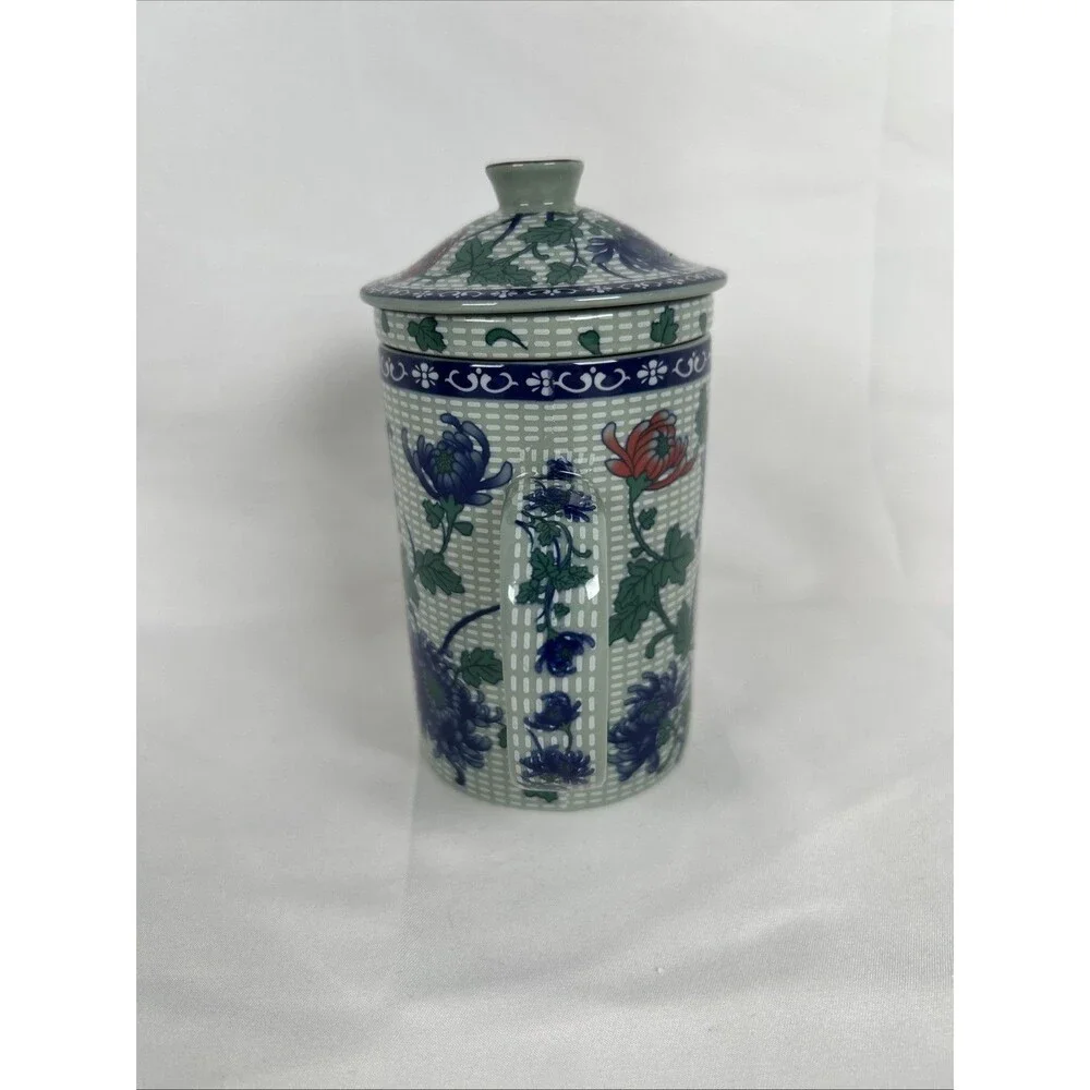 Chinese Porcelain Tea Mug With Lid & Infuser Floral Blue Green Tea Cup Tumbler